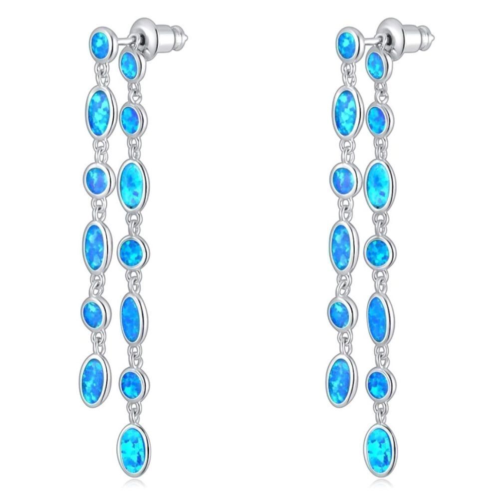 18K White Gold with Genuine Blue Fire Opal Dangling Drop Post Back Earrings